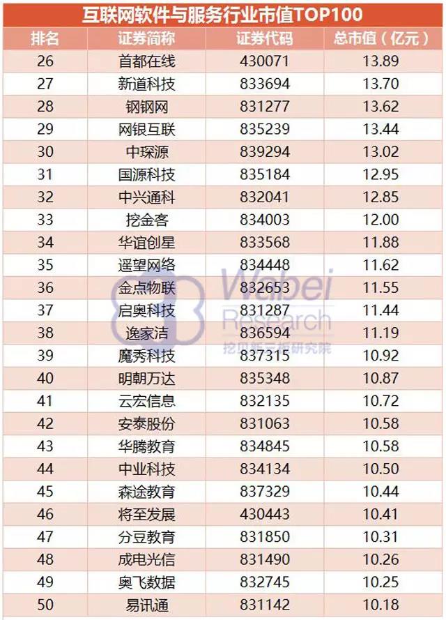 互聯(lián)網(wǎng)軟件與服務(wù)行業(yè)市值TOP100完整名單