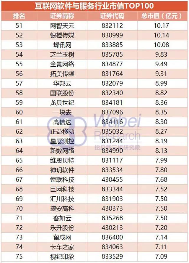 互聯(lián)網(wǎng)軟件與服務(wù)行業(yè)市值TOP100完整名單