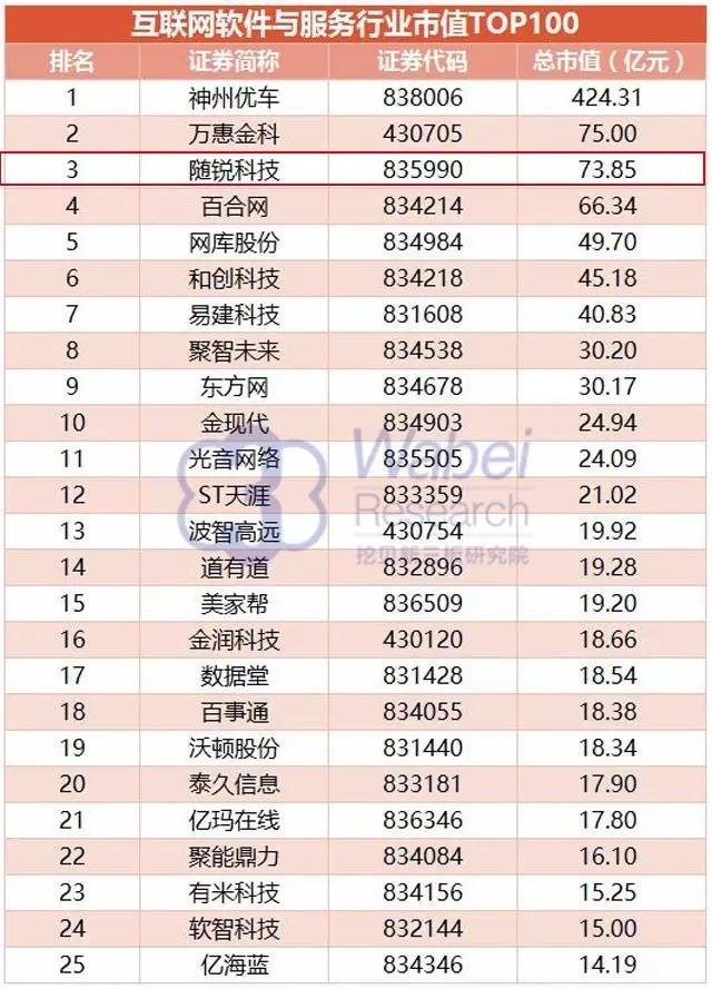 互聯(lián)網(wǎng)軟件與服務(wù)行業(yè)市值TOP100完整名單